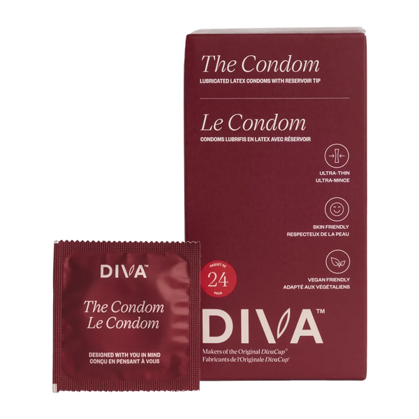 Diva The Condom packaging with a red box and sachet on a white background