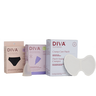 Diva product packaging including reusable period underwear, cramp care patch, and diva cup on a white background.