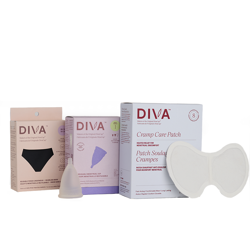 Diva product packaging including reusable period underwear, cramp care patch, and diva cup on a white background.
