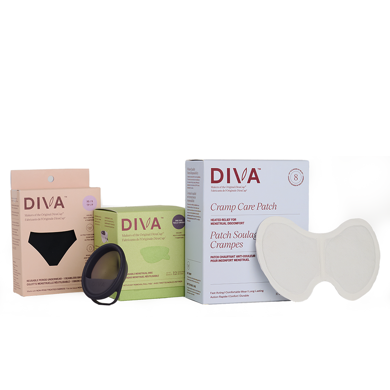 Diva product packaging including reusable period underwear, cramp care patch, and diva disc on a white background.